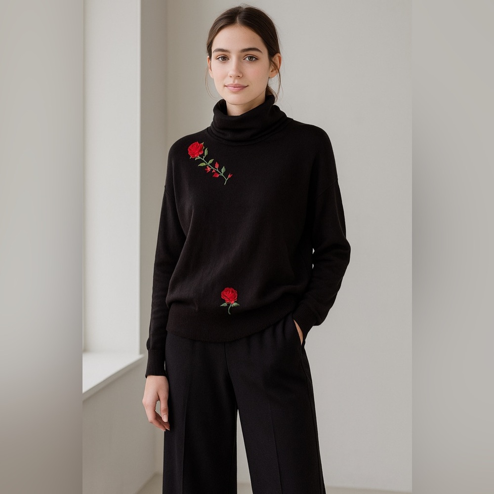 Wolford Wool Turtleneck Sweater with Floral Appliqué XS